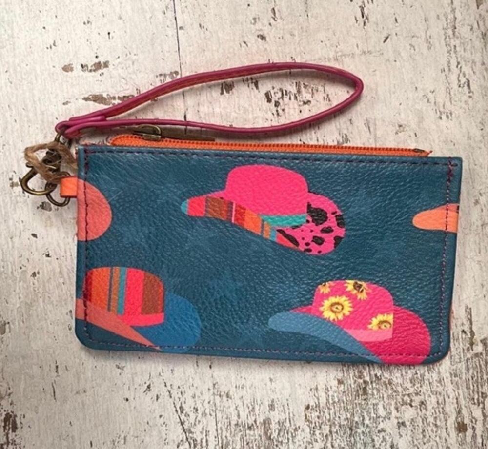 Catchfly Ladies Turquoise/Pink Stars & Cowgirl Hats Mini Wallet w/Wristlet NEW